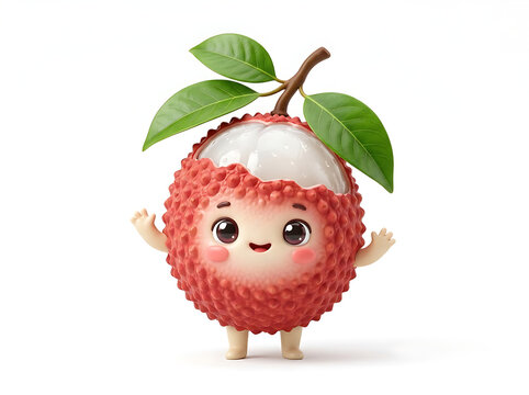 Adorable 3D render of a cute cartoon lychee character. Round red lychee with bumpy textured skin, top part slightly peeled to show juicy white flesh inside. Brown stem with three fresh green leaves on