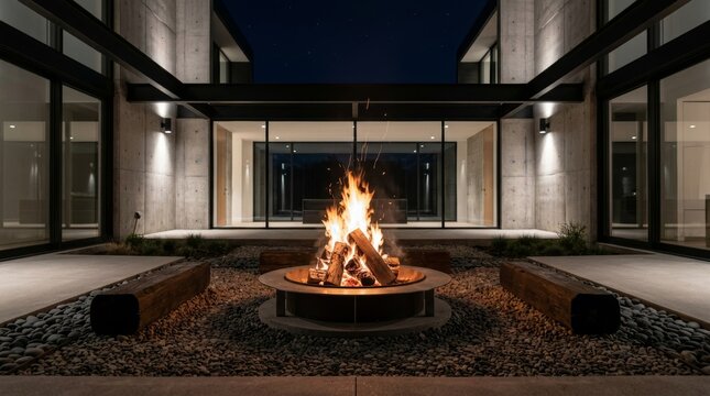 Modern luxury home courtyard with a cozy outdoor fire pit at night.