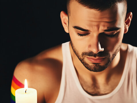 Grieving gay guy with candle and  rainbow arm after tragedy (blurred LGBTQ mourning picture)
