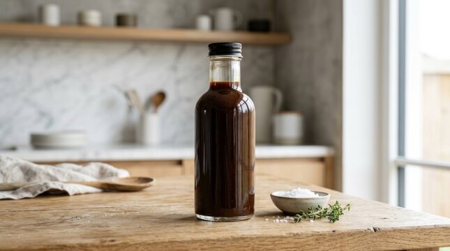 Artisan Dark Liquid Bottle on Rustic Kitchen Table.