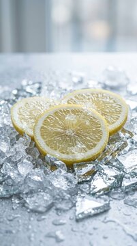 Bright yellow lemon slices resting on a bed of crushed ice.