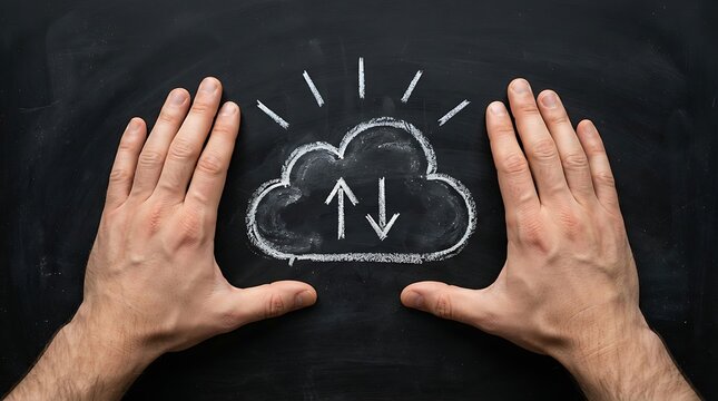 Human hands framing a white chalk of a cloud with upload and download arrows on a dark textured blackboard surface