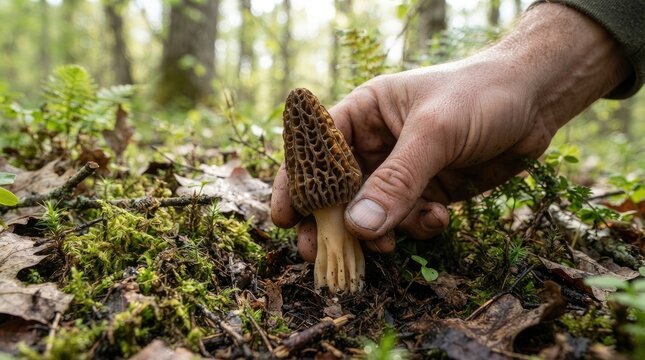 A person's hand carefully picks a morel mushroom from the forest floor.