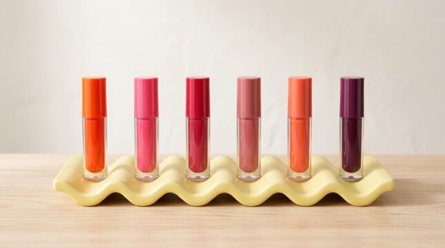 Set of colorful liquid lipsticks in a wavy ceramic tray.