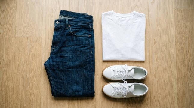 Casual Outfit Flat Lay - Blue Jeans, White T-shirt, and White Sneakers on Wood.