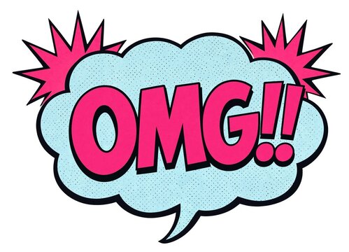 Comic book style speech bubble with pink text saying omg