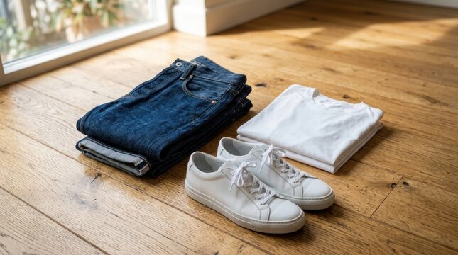 Casual everyday outfit with jeans, white t-shirts, and sneakers on a wooden floor.