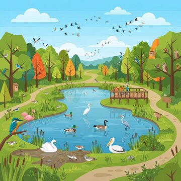 Birds in nature park with pond and forest
