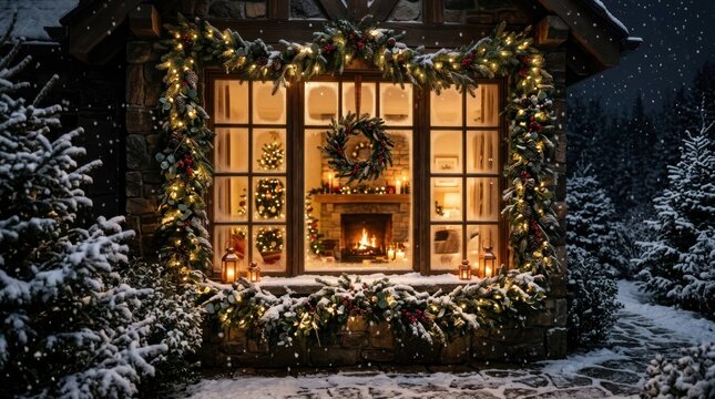 Cozy Christmas Window with Fireplace and Snow Covered Trees.