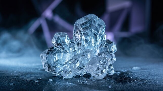 Close-up of a clear ice crystal with a blurred background.