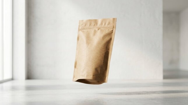 Blank Kraft Paper Pouch Floating in Minimalist White Room.