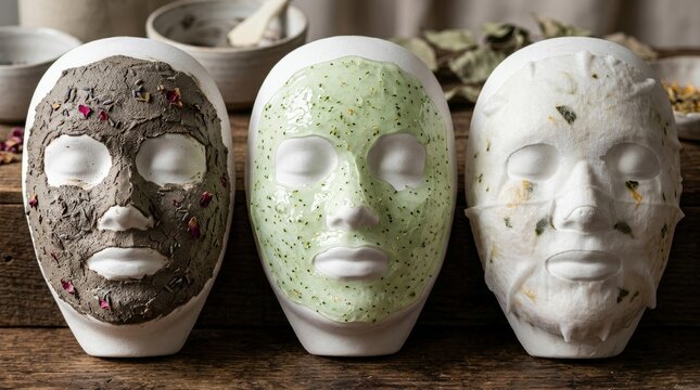 Three white mannequin heads wearing different facial beauty masks.