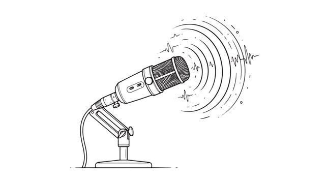 Professional studio microphone with sound waves, podcast recording equipment vector, radio broadcast mic on stand, audio streaming icon