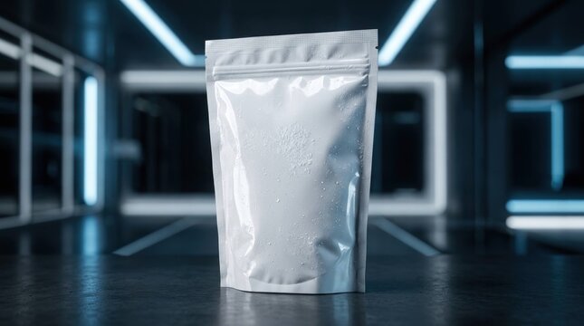 Blank White Pouch Packaging in Futuristic Neon Lit Environment.