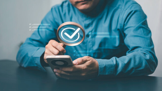 Verification, compliance, auditing, approval, document review, quality control, and risk. Professional reviewing digital business documents with a magnifying glass and checkmark symbols.