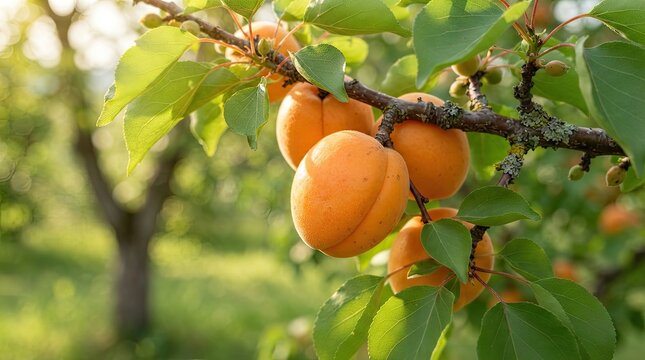 A branch of an apricot tree is laden with ripe, orange apricots.