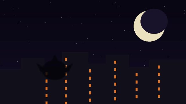 A city at night with the shadow of a giant pumpkin.
