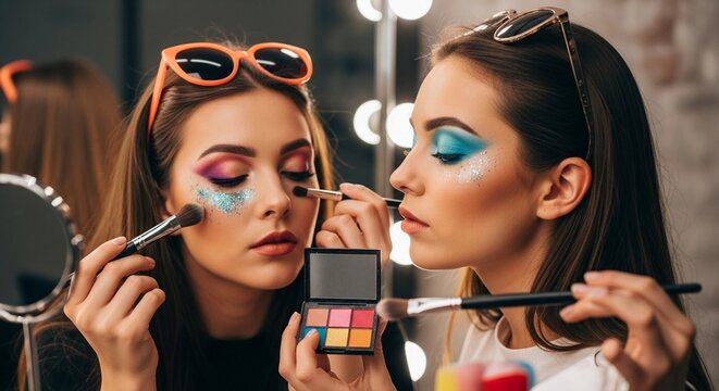 Professional makeup artist skillfully applying vibrant glitter and eyeshadow to a model's face in a studio setting with ring lights reflecting.