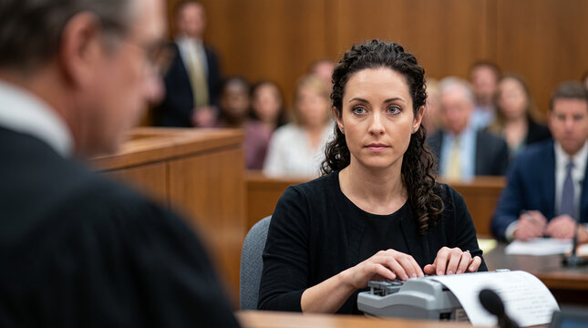 Female court reporter typing on stenotype machine during courtroom trial, recording legal testimony, court proceedings, deposition and official transcript