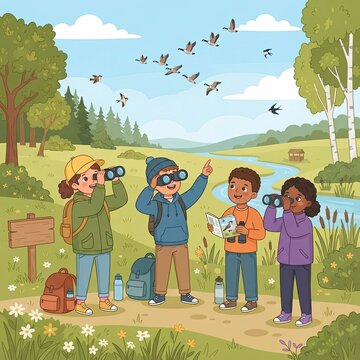 Children birdwatching in nature