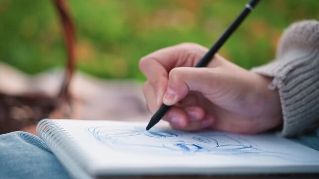 Close up of hand drawing facial features with pen on sketchbook in outdoor setting. Hand holds black digital pencil while creating blue ink lines focusing on eye and hair details. Soft green