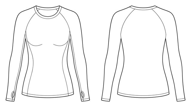 The Raglan Long Sleeve Tee features a flat technical drawing template for women athletic fashion, including front and back views in white