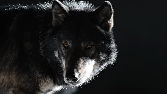 Majestic Close-Up of a Powerful Black Wolf with Intense Eyes and Breath Visible Against a Dark Backdrop