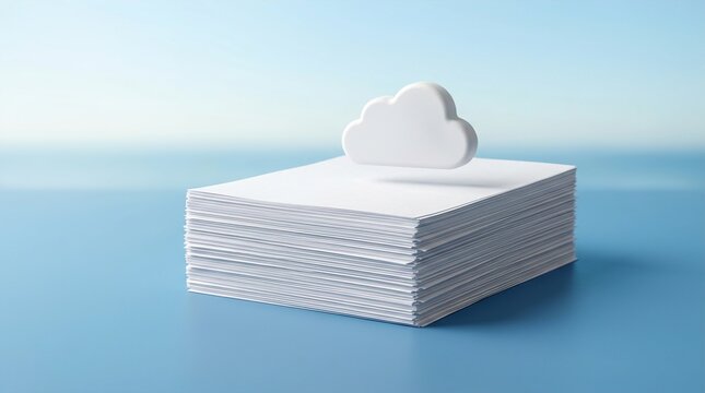 Large stack of white blank paper sheets features small white cloud icon hovering above signifying cloud computing and digital data storage on light blue surface.
