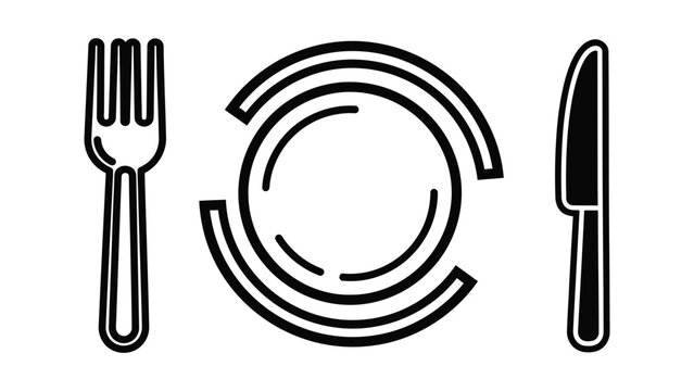 Dining table setting vector icon with plate fork and knife for restaurant menu design