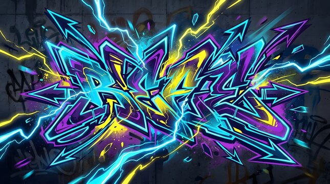 Electric blue graffiti lettering with vivid yellow and pink highlights, surrounded by glowing lightning-like effects on a dark urban background.
