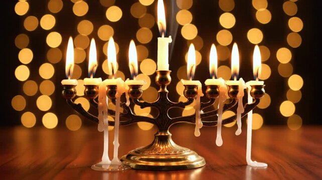 Burning candles in a brass menorah with soft bokeh lights in the background creating a festive celebration for Hanukkah