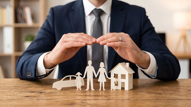 Insurance agent hands covering paper cut family and house car.