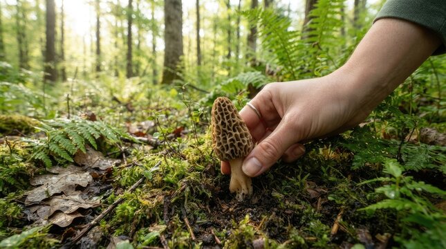 A person&rsquo;s hand gently picks a morel mushroom from the forest floor.
