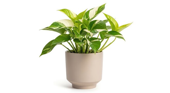 A lush indoor plant featuring vibrant variegated green and white foliage sits inside a minimalist beige ceramic pot on a white backdrop, clean, botanical, growth