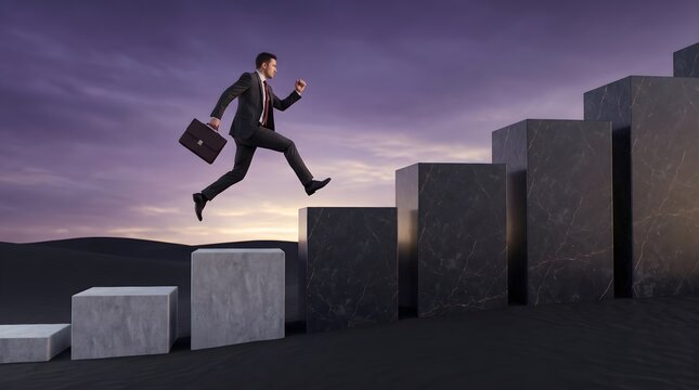 Businessman jumping across rising steps of bar chart in desert.