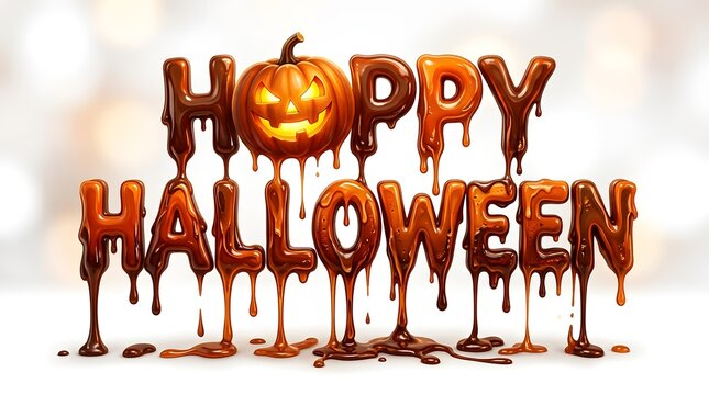 Happy halloween text design with a glowing jack o lantern pumpkin and dripping chocolate or blood effect