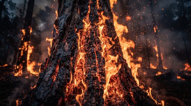 Detailed close-up of a tropical tree trunk engulfed in flames