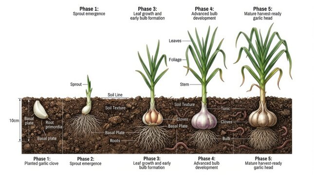 The image illustrates the five phases of garlic growth, starting from clove planting and progressing to mature harvest.