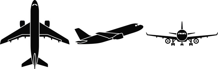 Obraz premium Airplane Silhouette Set Top Front Side View Flight Vector Icons
