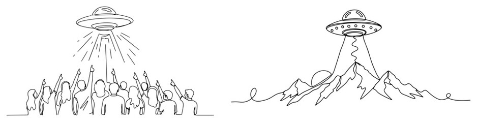 Crowd of People Pointing at UFO and Flying Saucer over Mountains Continuous Line Art Alien Arrival and Sighting Mystery Concept Vector Illustration © ----WWWLINE----