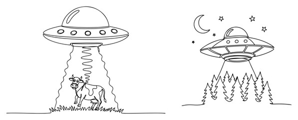 UFO Abducting Cow and Flying Saucer Over Forest at Night Continuous Line Art Alien Abduction and Sci-Fi Mystery Scene Minimalist Vector Illustration © ----WWWLINE----