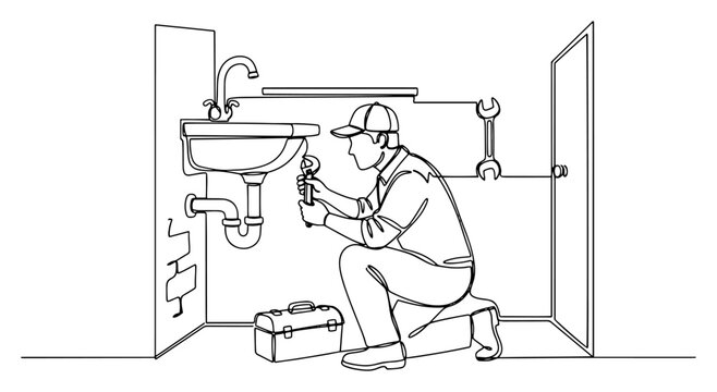 Professional Plumber Repairing Kitchen Sink with Tools in Continuous Line Art Handyman Character Fixing Water Pipe Leak Maintenance Service Concept Vector Illustration