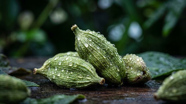 Fresh Green Cardamom Pods with Water Drops Close Up Macro