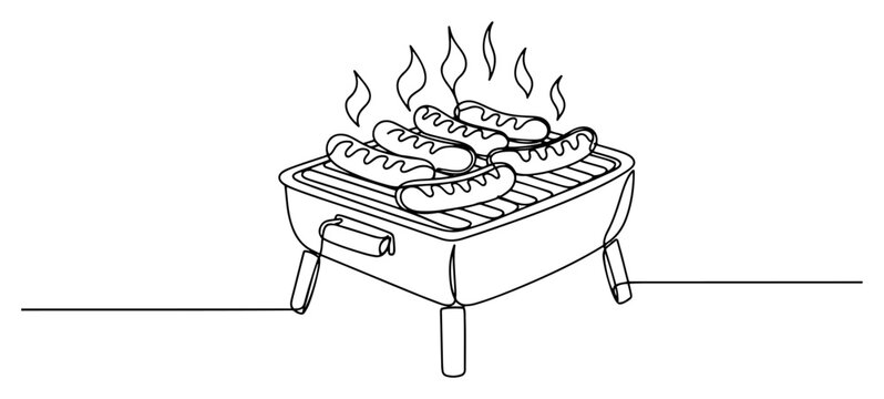 BBQ Charcoal Grill with Cooking Sausages in Continuous Line Art Outdoor Summer Barbecue Picnic Party Food Celebration Concept Vector Illustration