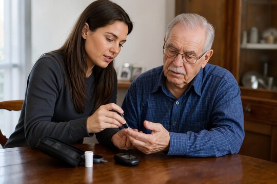 Caregiver supporting elderly man with diabetes testing blood sugar levels at home. Caregiver demonstrates proper technique while monitoring diabetes management effectively.