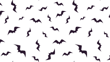 Fototapeta premium Minimalist Halloween bats seamless pattern, black flying bat silhouettes on white background, spooky holiday wallpaper for wrapping paper