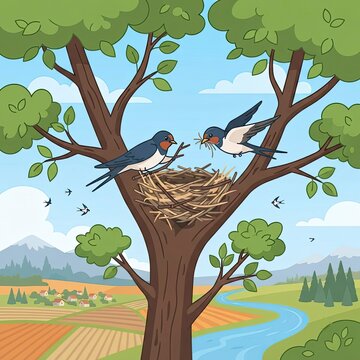 Swallow birds building nest in tree