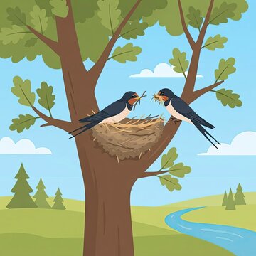 Two swallows building a nest in a tree