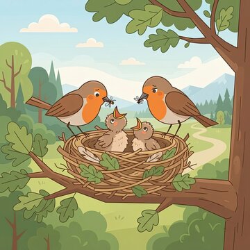Robin bird family in nest feeding chicks