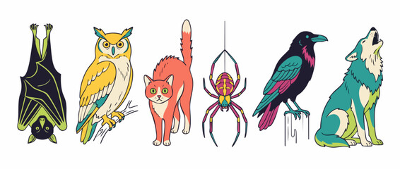 Naklejka premium Halloween animals vector illustration set featuring bat, owl, cat, spider, raven, and howling wolf isolated on white background for spooky autumn seasonal holiday design, graphic icons, art.